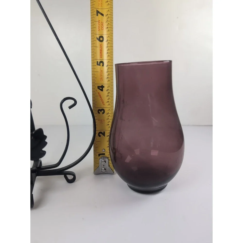 Black Metal Hanging Candle Holder W/Purple Glass Hurricane Footed Vintage Boho